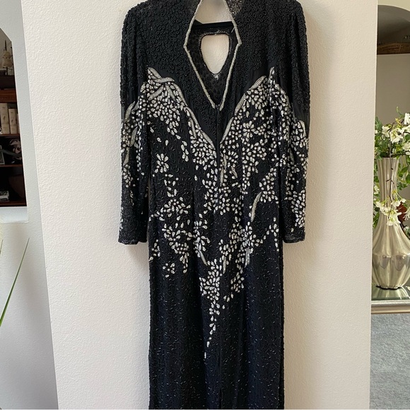 Vintage Unmarked Silk and Beaded Long Formal Evening Gown Black S/M - Picture 8 of 15